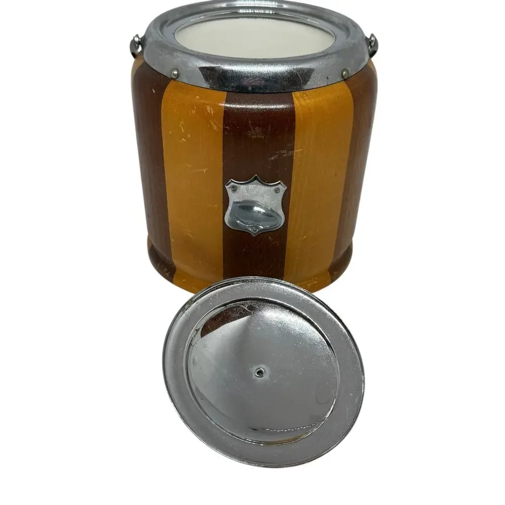 Mid‑20th Century English Striped Oak Biscuit Barrel Cream Glaze Interior